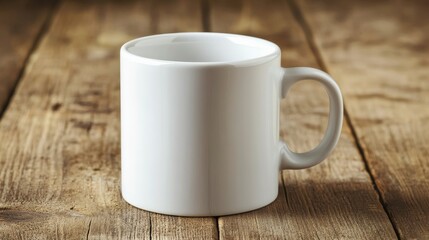 Obraz premium White Coffee Mug on Rustic Wooden Table, Embodiment of Simplicity and Natural Serenity.