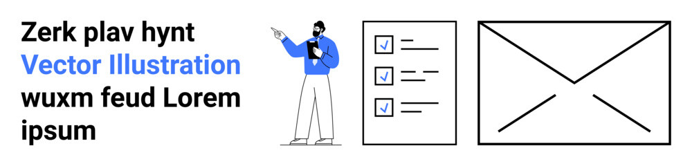 Person pointing at checklist with clipboard, large envelope symbol beside. Ideal for productivity, management, planning, documentation, workflow, digital communication, simple landing page
