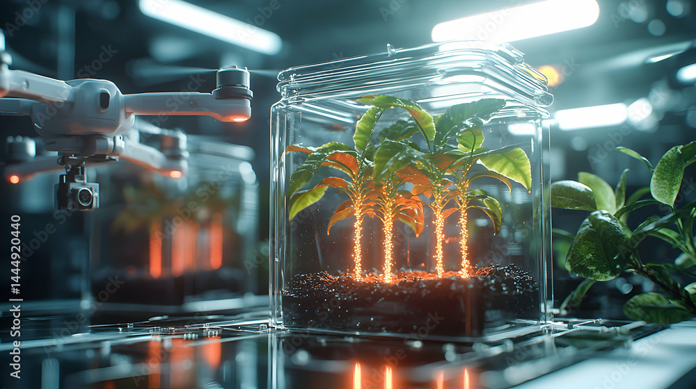 Poster a futuristic scene featuring plants in glass containers with drones suggesting a new age of automate