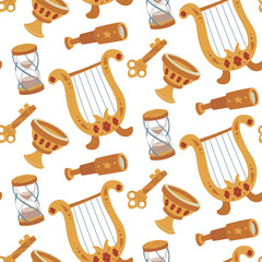 pattern of golden magic items. harp, clock, key, telescope in colored flat style. A texture for fantasy projects, books, games, and works of art related to magic, alchemy, and mystical rituals.