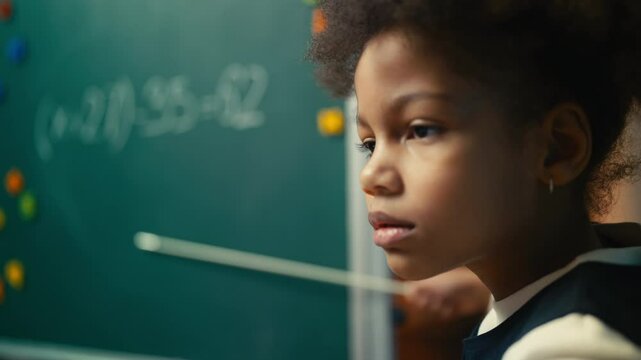 Young African American girl with pointer playing strict math teacher in class