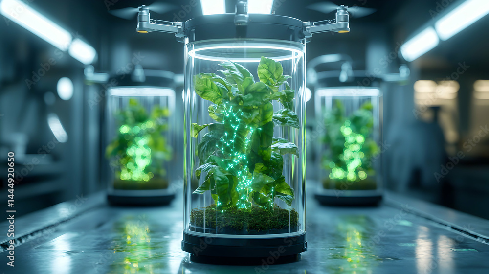 Poster futuristic plant cultivation system using drones and advanced technology. suitable for controlled en