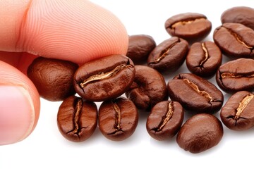A hand's finger gently touches roasted coffee beans Close-up of a light-pink fingertip hovering over a group of dark brown coffee beans The beans are in focus against a plain white background