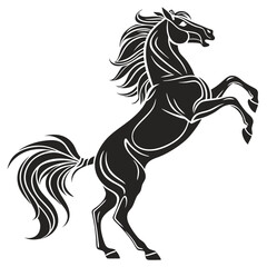 Silhouette of Powerful Stallion Rearing Up, Strong Muscular Horse, Prancing, Black Isolated