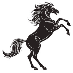 Stylized Black Horse Rearing Up Silhouette with Detailed Mane and Tail on White