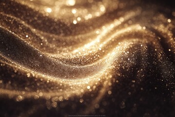 Golden shimmering fabric texture, with soft, flowing waves and glittering particles