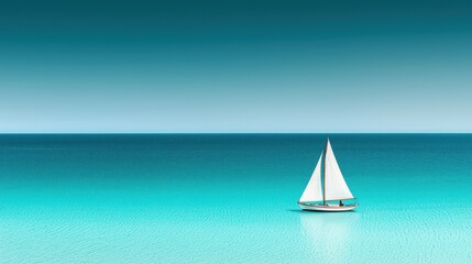 Obraz premium A small white sailboat floats peacefully on tranquil turquoise ocean waters