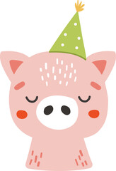 Birthday pig animal. Birthday party illustration. Isolated, cute animal with birthday hat