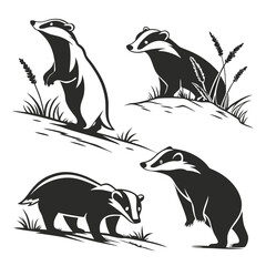 Minimalist Badgers Silhouette Set Black & White, Wildlife Illustrations, Forest Animals © Shipon