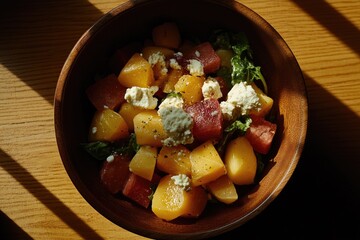 Fresh salad with watermelon, cantaloupe, and feta