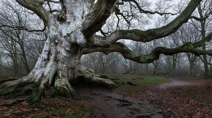 Obraz premium A massive old tree with extensive branches stands majestically in nature