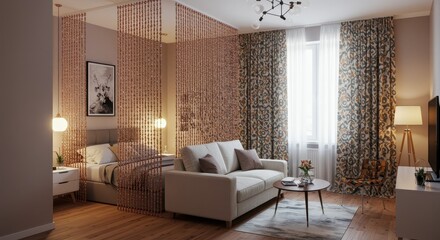 Cozy studio apartment with beaded curtain separating living and sleeping areas