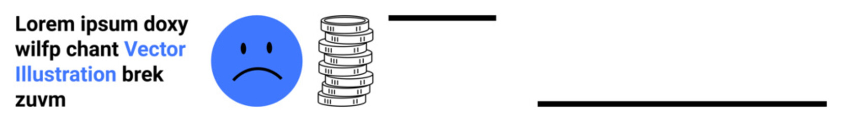 Blue sad face next to a stack of coins illustrating financial difficulties, economic loss, or budget challenges. Ideal for finance issues, crisis, savings, poverty, economy, debt simple landing page