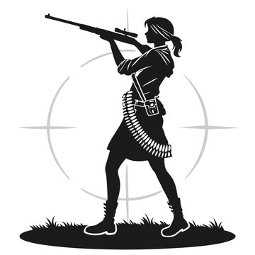 Silhouette Of Woman Aiming Rifle With Ammo Belt, Grass And Target,