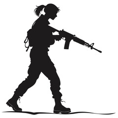 Silhouette of Female Soldier Walking with Rifle, Backpack, Armed Forces, Black on White