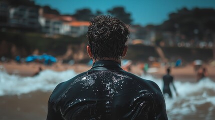 Surfer Prepares for a Day of Surfing, Ocean Waves Crash in the Background, With Copy Space