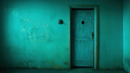 An aged door in a room with a mysterious and moody ambiance