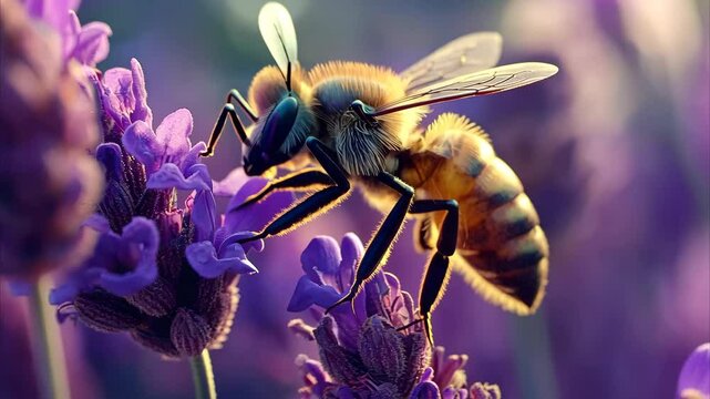 Bees amusingly interact with vibrant purple flowers during a sunny day in a garden, Bees on purple flower, funny encounter, nature colors, bees insects macro slow-motion