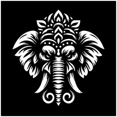 Ornamental elephant head in tribal style, black and white vector illustration with intricate decorative patterns, perfect for tattoos, prints, or ethnic design themes.