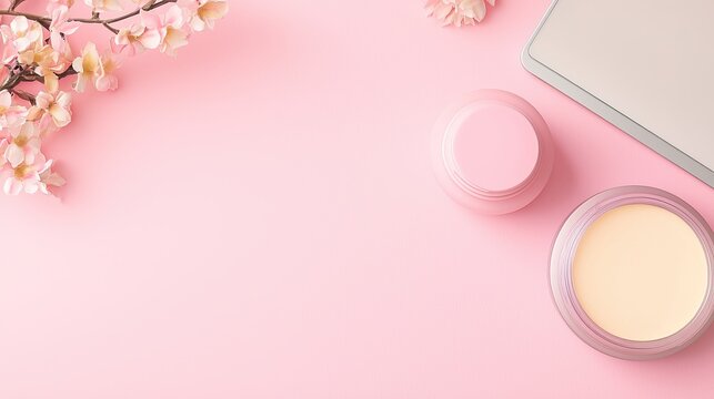 Pastel Pink Flatlay of Laptop Tablet and Weekly Planner with Cherry Blossoms