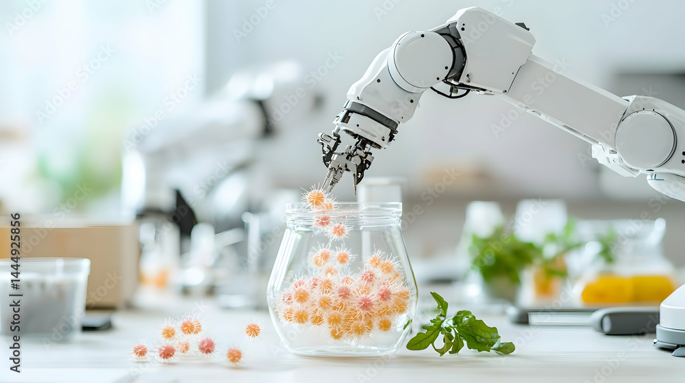 Poster a robotic arm carefully manipulates microscopic objects within a laboratory setting possibly for med