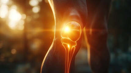 Knee joint highlighted,  anatomical view,  sunlight effect