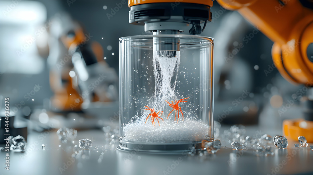 Poster robotics lab with orange robot arms and a clear cylinder holding red spiders. the image depicts a te