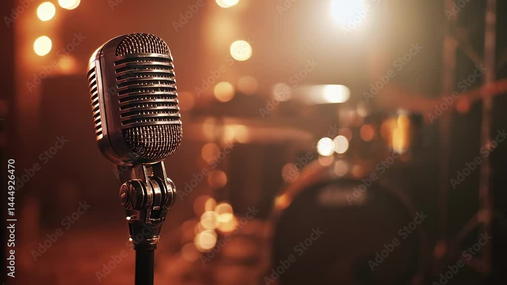 Poster Professional microphone capturing sound in a modern recording studio, featuring audio equipment, mixing console, and computer screen displaying sound waves