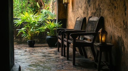 Obraz premium Two wooden chairs sit in a dimly lit natural outdoor space