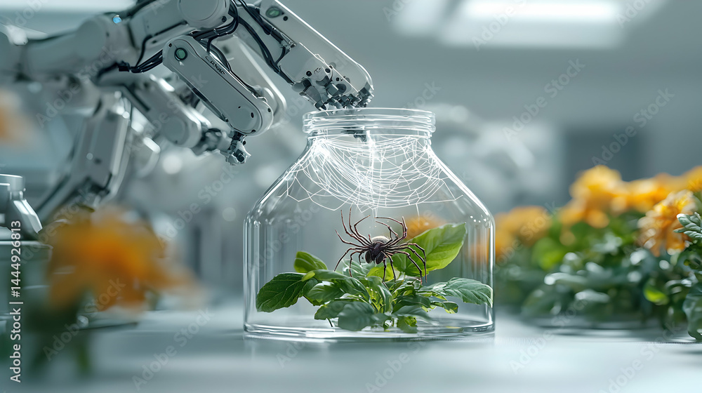Poster a robotic arm interacts with a jar containing a spider and greenery suggesting scientific experiment