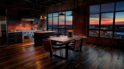 A luxury kitchen and dining area with city views at dusk