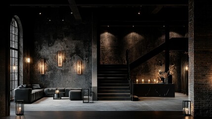 A contemporary luxury interior with a staircase and industrial aesthetics