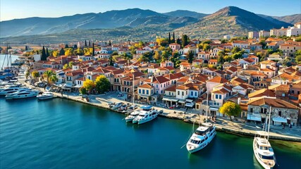Stunning aerial view of Argos in Greece showcasing sunny coastal beauty and charming architecture, Aerial view of the city Argos in Greece on a sunny morning