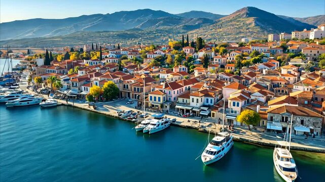 Stunning aerial view of Argos in Greece showcasing sunny coastal beauty and charming architecture, Aerial view of the city Argos in Greece on a sunny morning