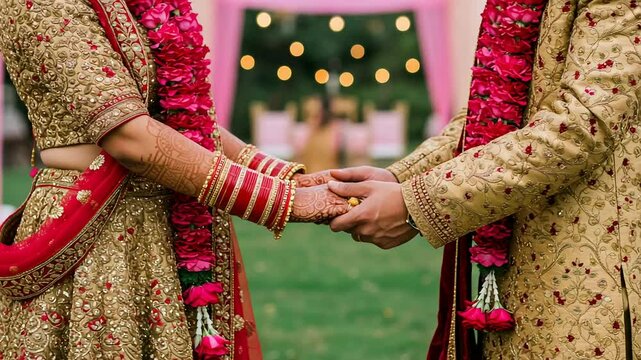 Indian bride and groom holding hands during wedding ceremony with garlands