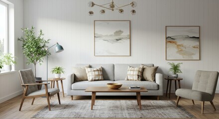Living room interior with sofa, chairs, and artwork in neutral tones