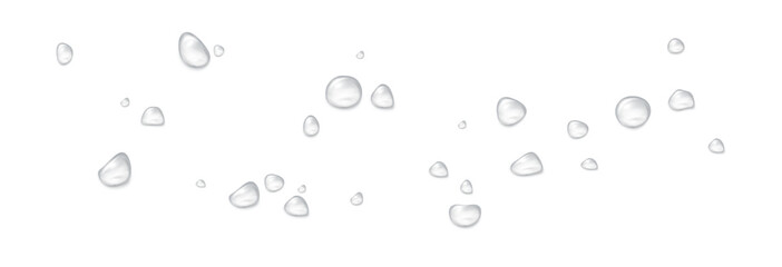 Realistic water drops on a transparent background, condensation on the surface with light reflection and shadow, vector, png, 3D effect.	