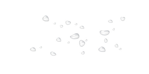 Realistic water drops on a transparent background, condensation on the surface with light reflection and shadow, vector, png, 3D effect.	
