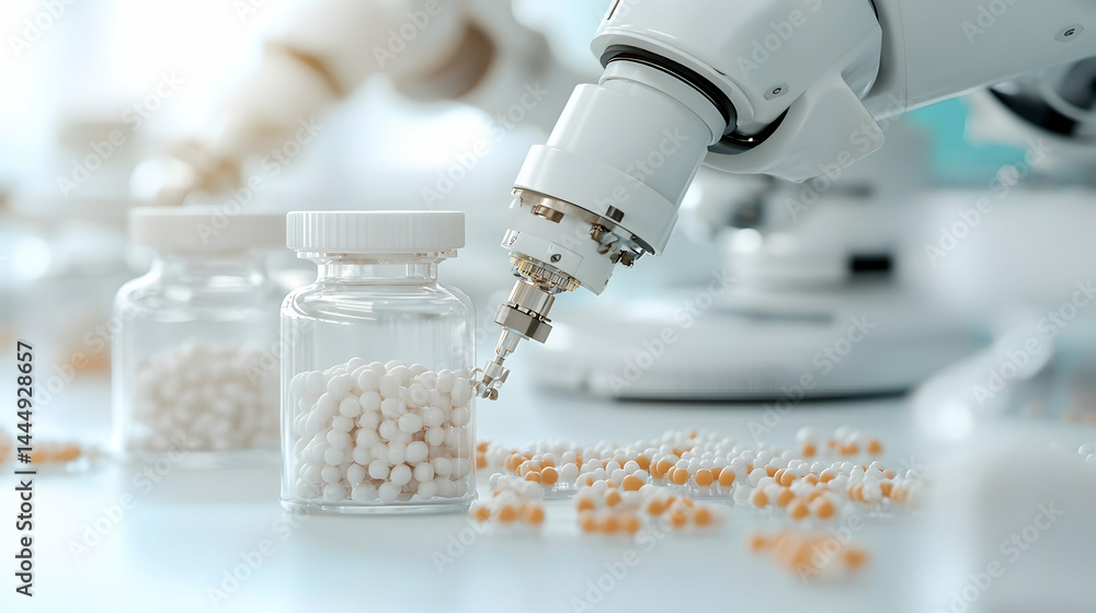 Poster robotic arm in a lab handling pills. automation in pharmaceutical production. suggests efficient dru