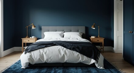 Cozy bedroom with bed, nightstands, lamps and dark blue wall
