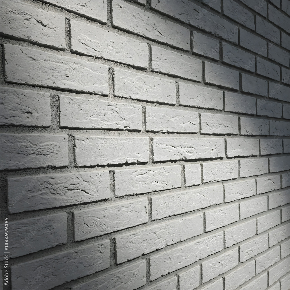 Poster light gray brick wall with visible mortar and a textured surface, shown in a slightly angled view