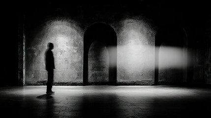 A solitary person stands in a dimly lit architectural space