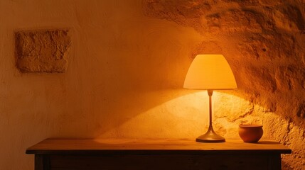 A warm lit table lamp and a small bowl on a table
