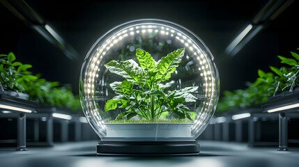 A futuristic indoor plant growth system showcases a vibrant plant. Ideal for urban farming or space exploration. Provides controlled environment for plant cultivation.
