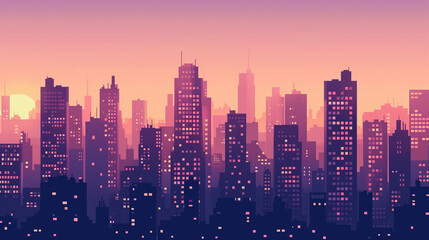 Fototapeta premium City skyline silhouette against a warm dusk sky, urban simplicity meets serene twilight.