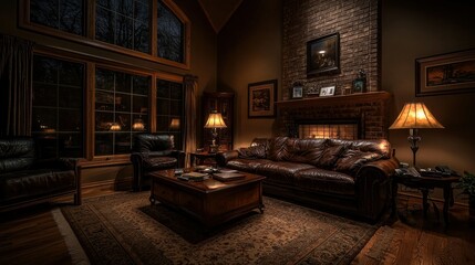 Obraz premium A dimly lit living room with leather furniture and fireplace
