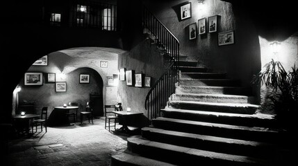 Fototapeta premium An Old Building Interior Displays Stairs With Tables And Artwork