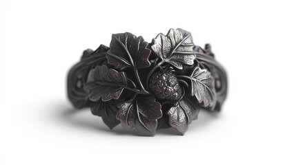 Vines and leaves silver ring on white.