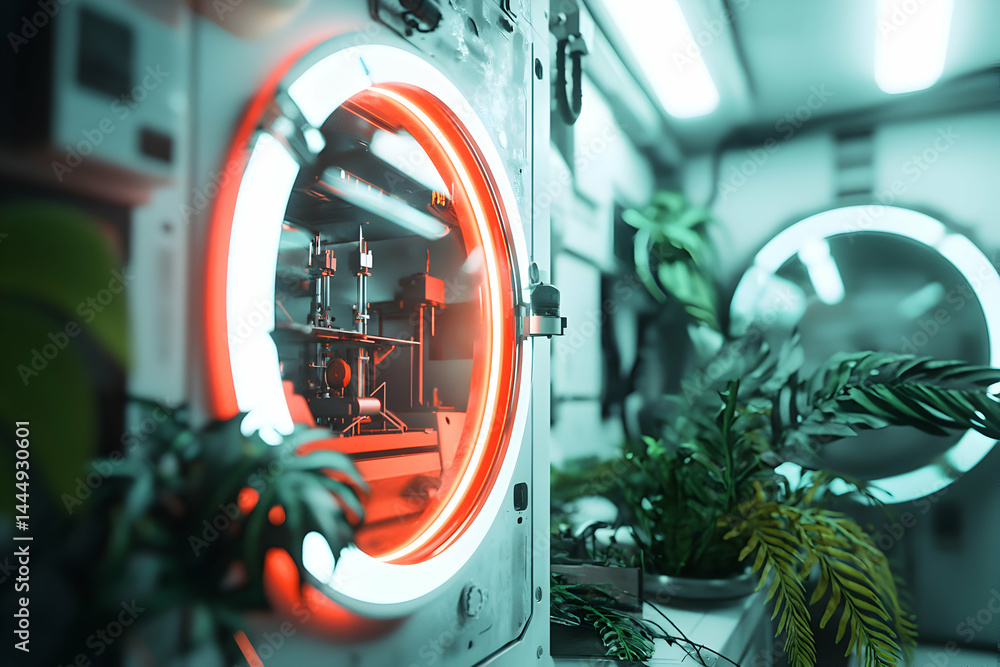 Poster a futuristic scene with vibrant red lighting and a circular opening. the presence of plants adds a t