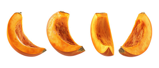 Set of Roasted Pumpkin Wedges in Five Different Poses on Transparent Background for Recipe Design, Food Packaging, or Seasonal Menus